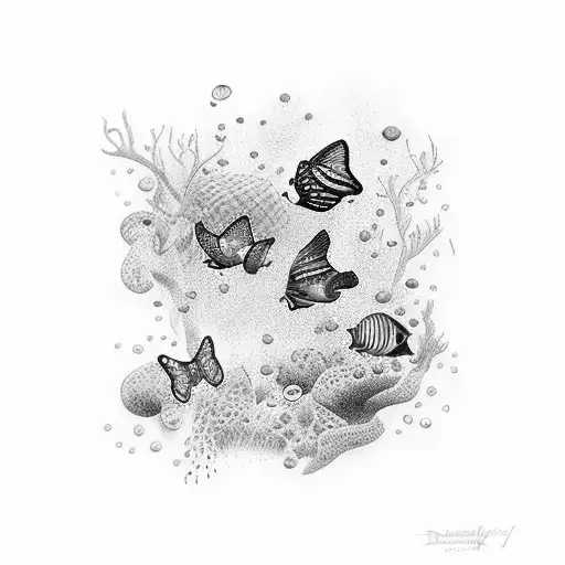 A Beautiful Underwater Scene With Colorful Butterflies Swimming Alongside A Swimmer