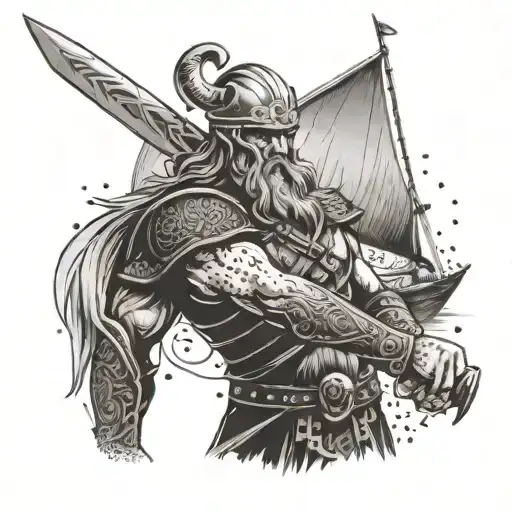 A Viking Warrior Wielding A Viking Dagger In Front Of A Viking Boat
