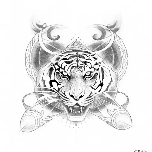 An Occult Themed Tattoo Featuring A Tiger Surrounded By Mysterious Symbols And Runes
