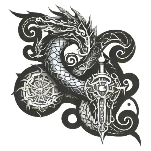 A Kingdom Hearts Themed Tattoo With A Dragon And Keyblade Intertwined