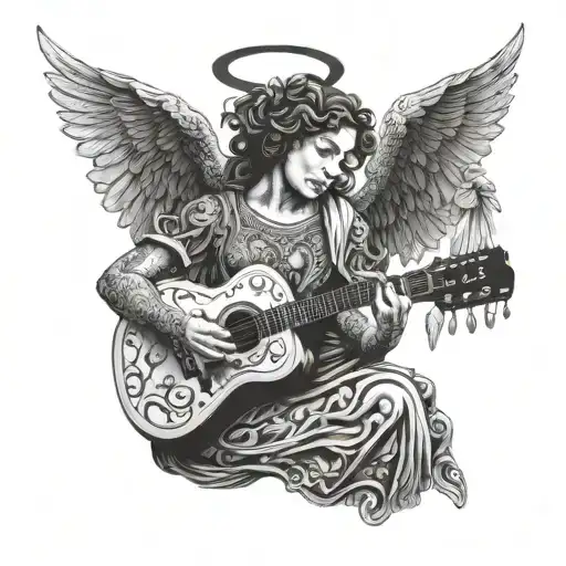 Intricate Design Of A Nursing Angel Playing A Guitar