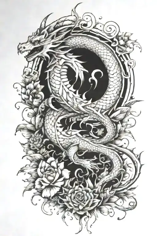 Dragons And Nature Inspired Tattoo Design Featuring