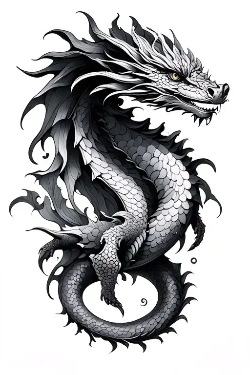 Art Nouveau Style Dragon With Petal Scales Black And Grey Shading