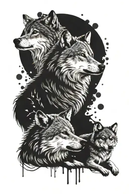 Wolf With Two Cubs Surrounded