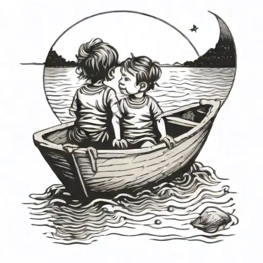 Fine Line Tattoo Of 2 Children In A Boat Looking Up At The Moon