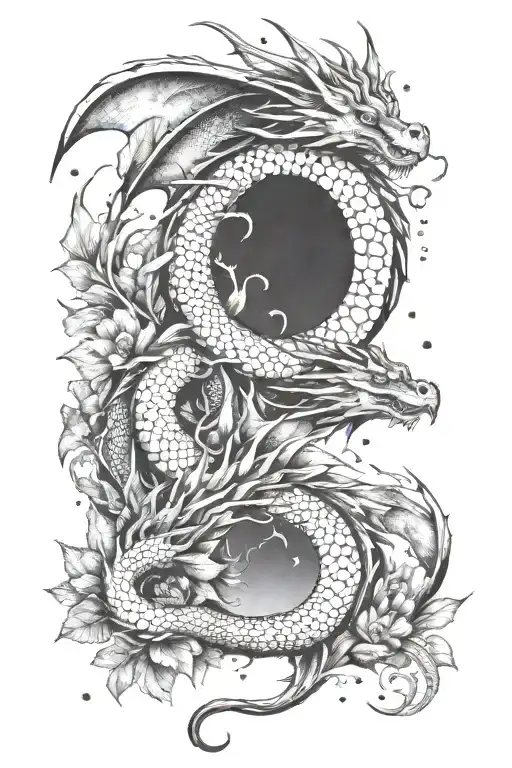 Dragons And Nature Inspired Tattoo Design Featuring