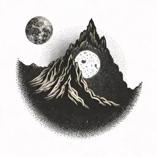 Dotwork Tattoo Of A Majestic Mountain Peak With A Silhouette Of A Dog Howling At The Moon