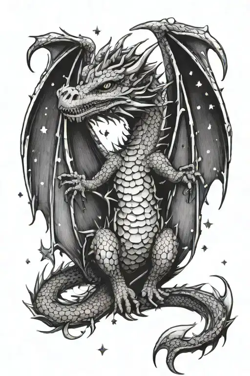 Tattoo Sketch Of A Small Dragon With Stars Forming