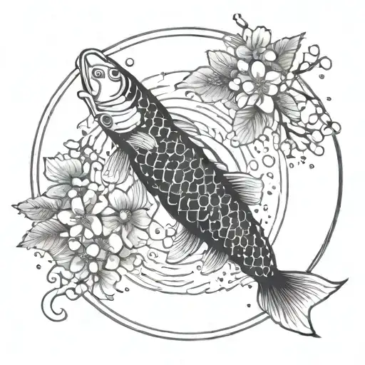 A Koi Fish Swimming In A Zen Circle With Cherry Blossom Petals Floating Around It