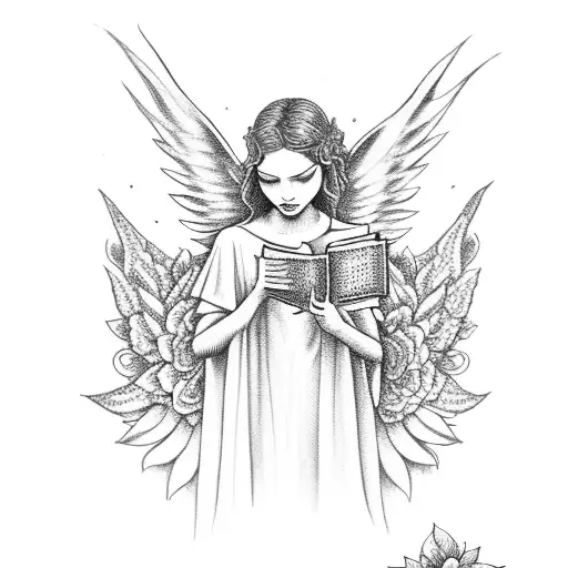 A Dotwork Tattoo Of A Majestic Angel Reading A Bible Under A Blooming Rose Bush