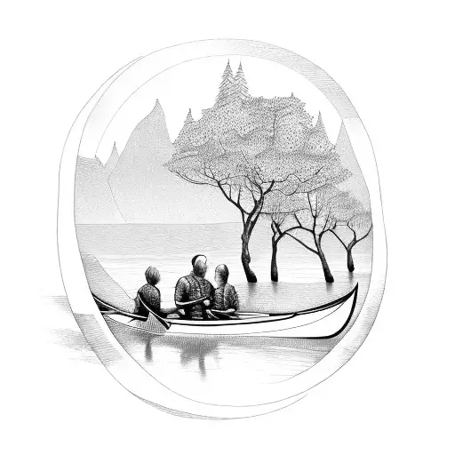 Father And Son In Canoe Going Down River Trees On Side