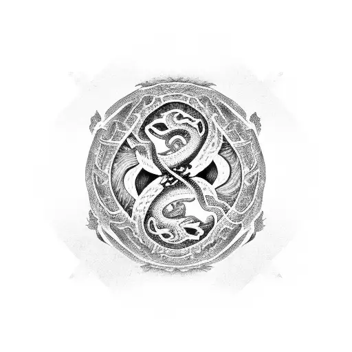 A Snake And Dragon Intertwined In A Yin-yang Symbol Made Of Dollar Signs