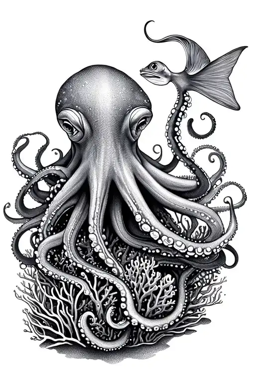 Coral Reef Black Sleave Around A Octopus And Fish Swimming Gracefully