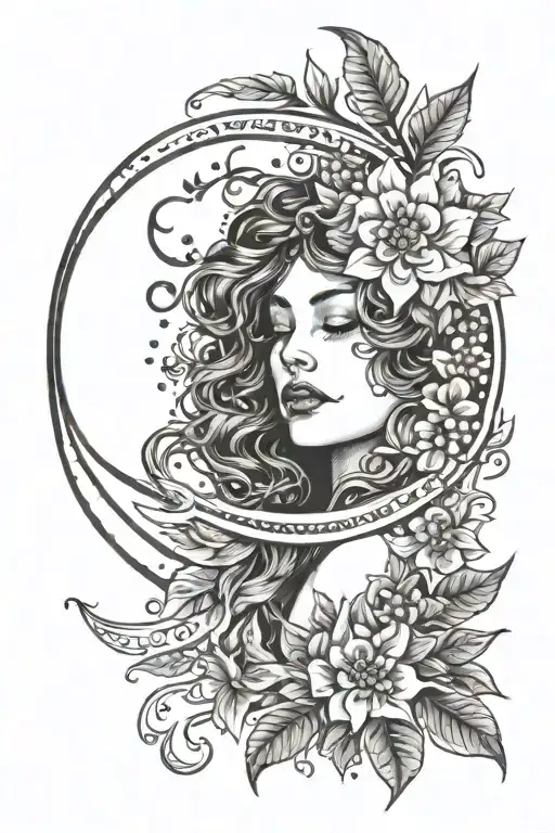 Flowers And Laurel Vines With A Moon Which Has A Female Face