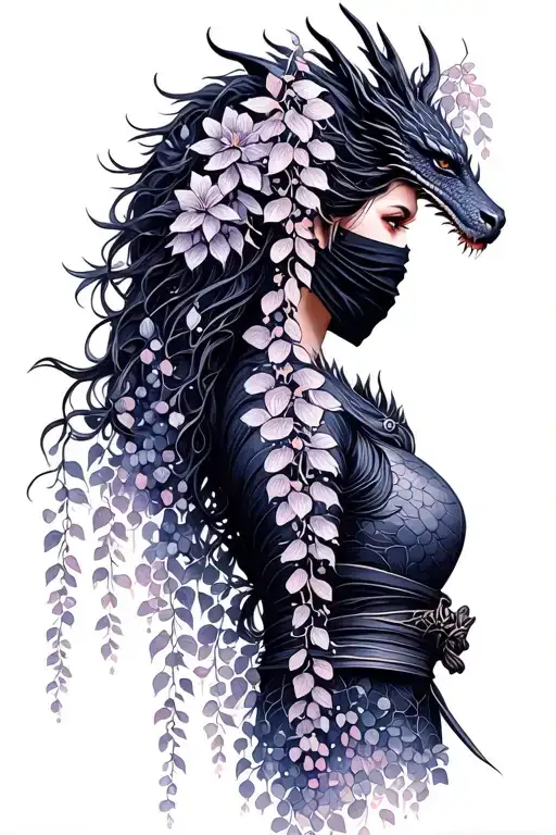 Wisteria Flowers Cascading Down Side Profile Female Ninja Warrior And Dragon