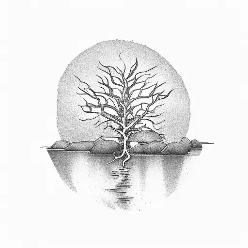 An Ocean Scene With A Skeletal Tree Reaching Towards The Sky