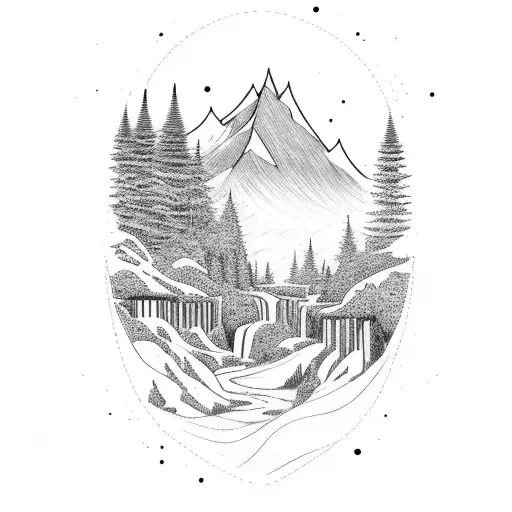 A Waterfall Flowing Through A Soccer Field With Mountains In The Background