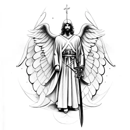 Angel Michael With A Sword With Symmetrical Compass Around Him And Should Have An Aesthetic Body