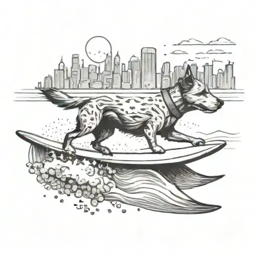A Dog Surfing On A Beach With A City Skyline In The Background