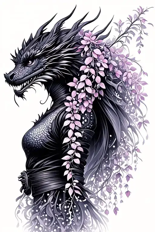 Wisteria Flowers Cascading Down Side Profile Female Ninja Warrior And Dragon
