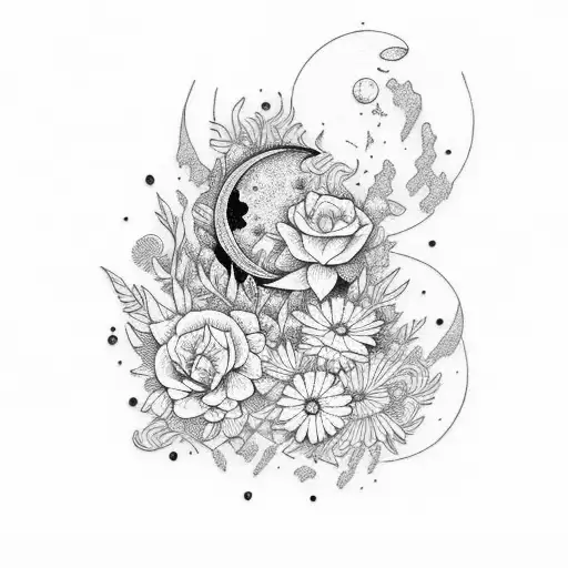 Moon And Colorful Wildflowers