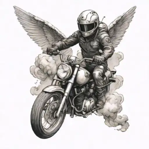 Create A Tattoo Of A Motorcycle Rider Soaring Through The Sky With Angel Wings On Their Back