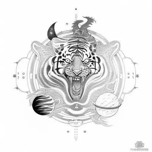 Neo Trad Tattoo Design With A Lady A Tiger An Alien An Spaceship And Planets Outside The Universe