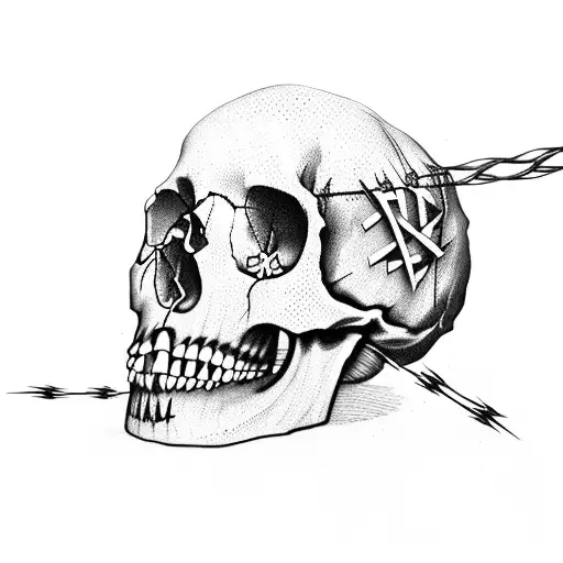 Skull With Barbed Wire And Cross On Four Head