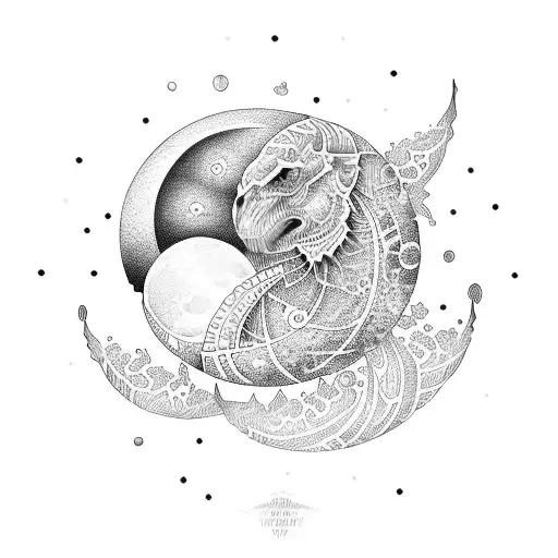 A Moon With Intricate Dotwork Patterns Reflecting The Colors Of The Ocean
