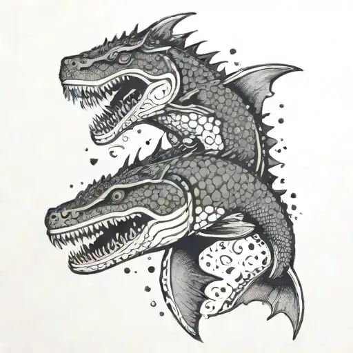 A Dragon Emerging From The Water With A Shark Swimming Beneath It In A Dotwork Style