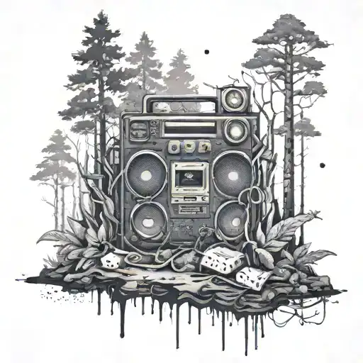 A Surreal Scene Of A Dark Forest With Hidden Hip Hop Elements Like Boomboxes And Graffiti
