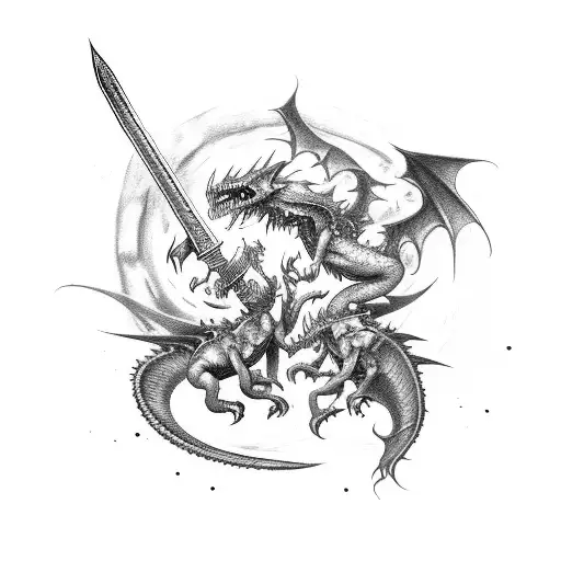 2 Wyvern Fighting Around A Sword Spitting Fire Over The Sword Tattoo