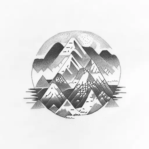 A Dotwork Tattoo Of A Mountain Range With A Winding River And A Hiker Silhouette In The Distance