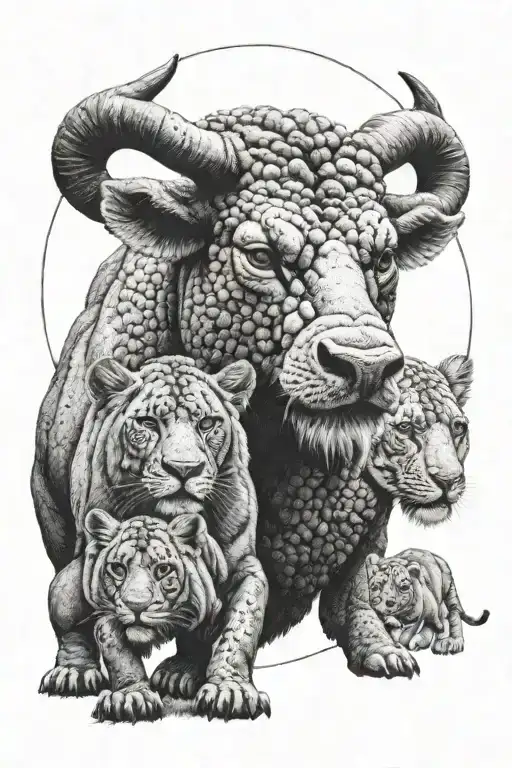 Black And White Photo Realism Of An Angry Bull Watching Over 2 Lion Cubs With A Libra Zodiac Sign