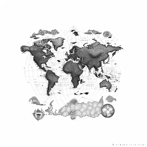A Detailed World Map With Landmarks From Favorite Travel Destinations Intertwined With Musical Notes