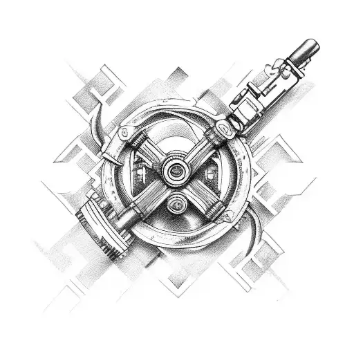 Create A Tattoo Design Featuring A Vintage Rifle Intertwined With Intricate Car Engine Parts
