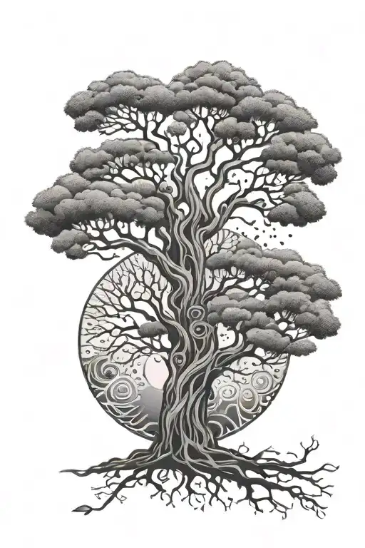 Suminagashi Inspired Tree Of Life Tattoo Design With Two Circles Behind The Tree