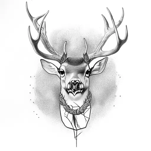 Create A Tattoo Of A Deer Skull With Antlers Intertwined With A Farm Tractor