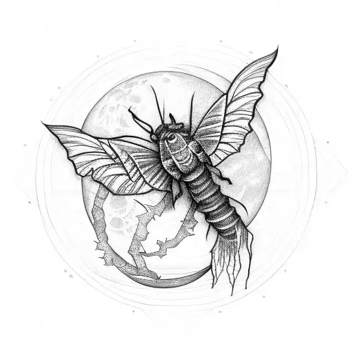 Grunge-inspired Moon With Plant Vines Wrapping Around Bat And Moth Imagery