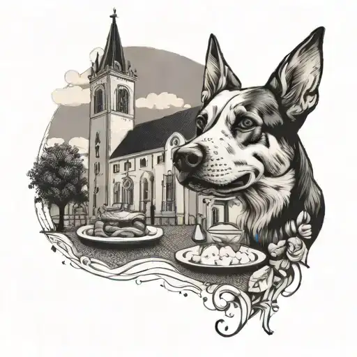 Design A Tattoo Featuring A Stylized Dog Enjoying A Meal In Front Of A Church Backdrop