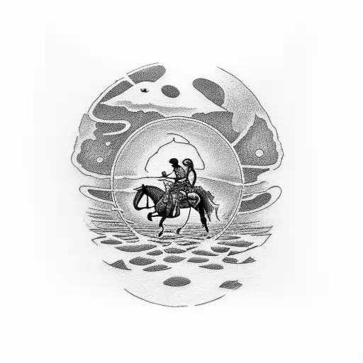 Banded Tatoo On The Arm With Red Orange Hues And A Cowboy Riding A Horse In The Middle