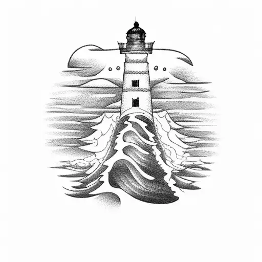 A Dotwork Tattoo Of A Lighthouse Guiding Rowers To Safety