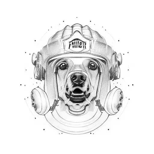 A Realistic Portrait Of A Loyal Dog Wearing A Firefighter Helmet