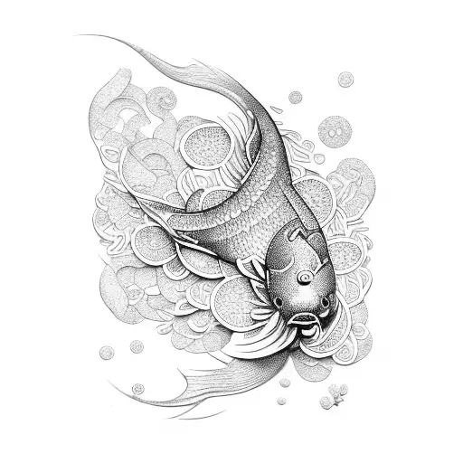 An Intricate Design Of A Koi Fish Surrounded By Various Types Of Flowers