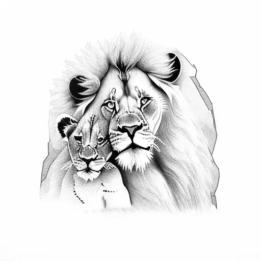 Lion And Cub Reflection Symbolizing Growth And Manifestation