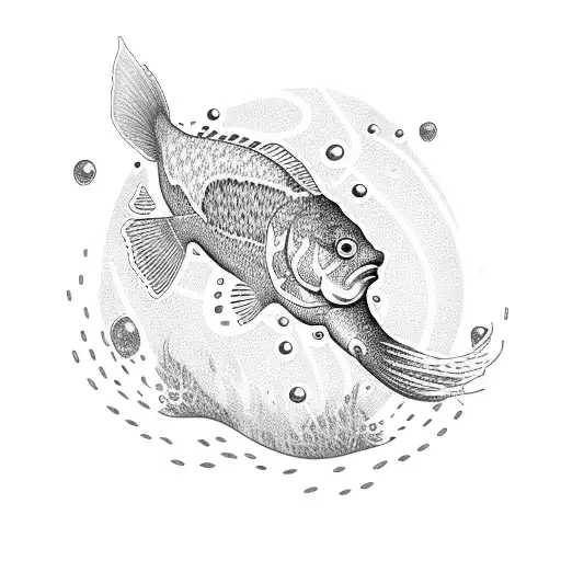 A Dotwork Design Of A Fish Jumping Out Of A Pond Filled With Water Lilies