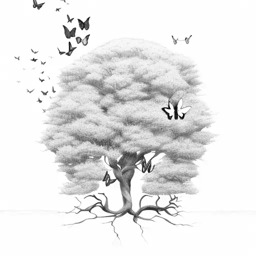 A Few Large Butterflies Flying Around A Large Tree With A Thick Trunk