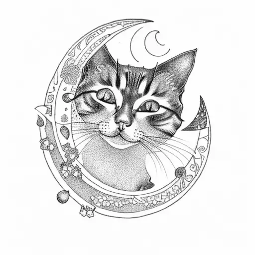 Tattoo Of A Cat Sitting On A Crescent Moon Surrounded By Wildflowers And Herbs