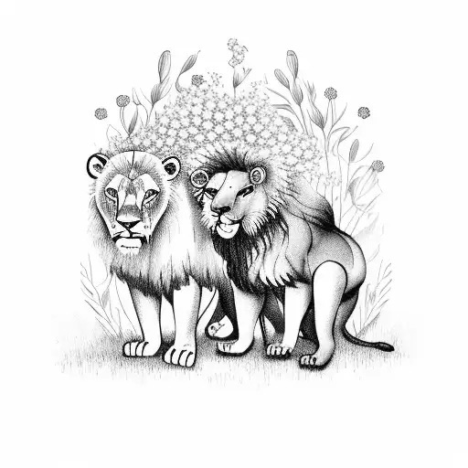 Lion And Bear Under An Olive Tree In A Field Of Lily Flowers