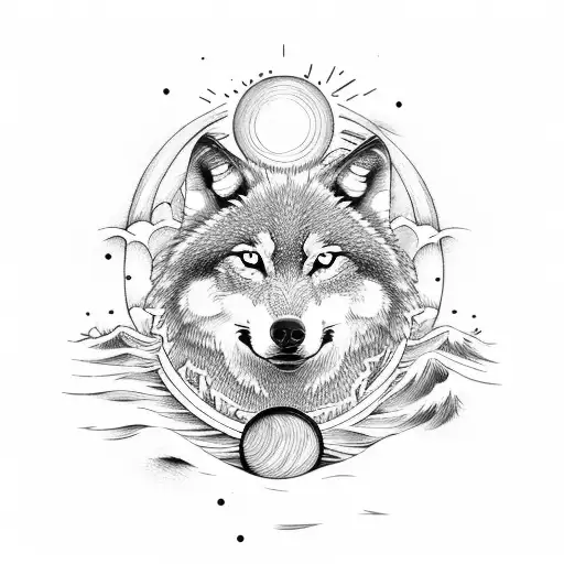 Wolf In The Ocean With Sun And Waves